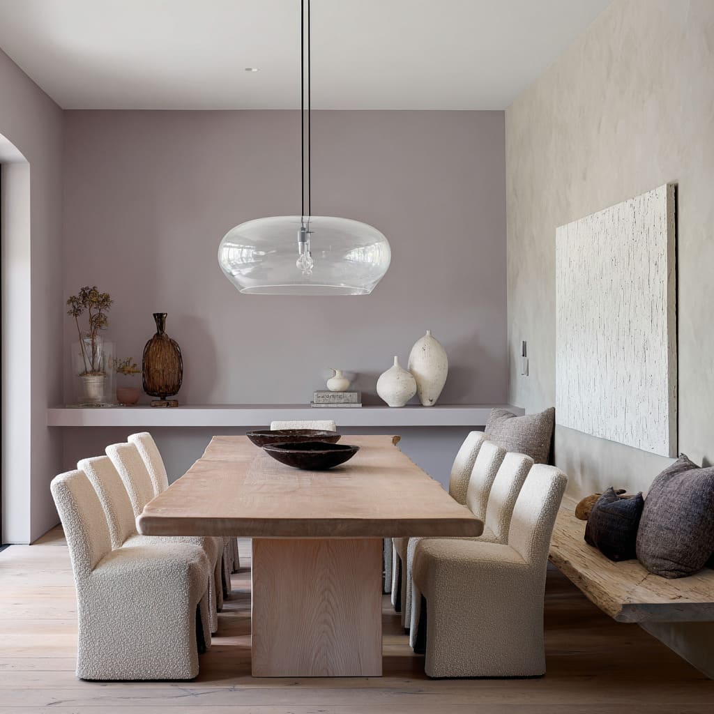 Pared en lavanda-lila apagado que suaviza los asientos mullidos del comedor. Pared en lavanda-lila apagado que suaviza los asientos mullidos del comedor.
