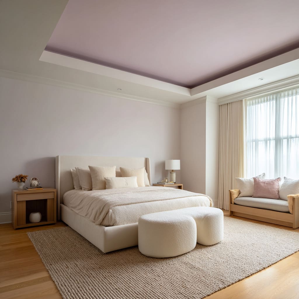 Muted lilac tray ceiling bordered by ivory in a light neutral-toned room Muted lilac tray ceiling bordered by ivory in a light neutral-toned room