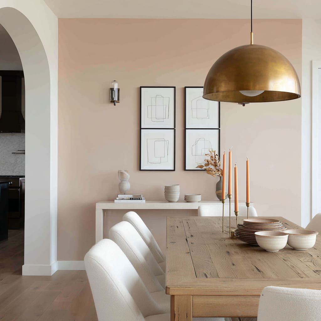 Pared melocotón ordenada junto a una lámpara colgante en latón envejecido. Pared melocotón ordenada junto a una lámpara colgante en latón envejecido.