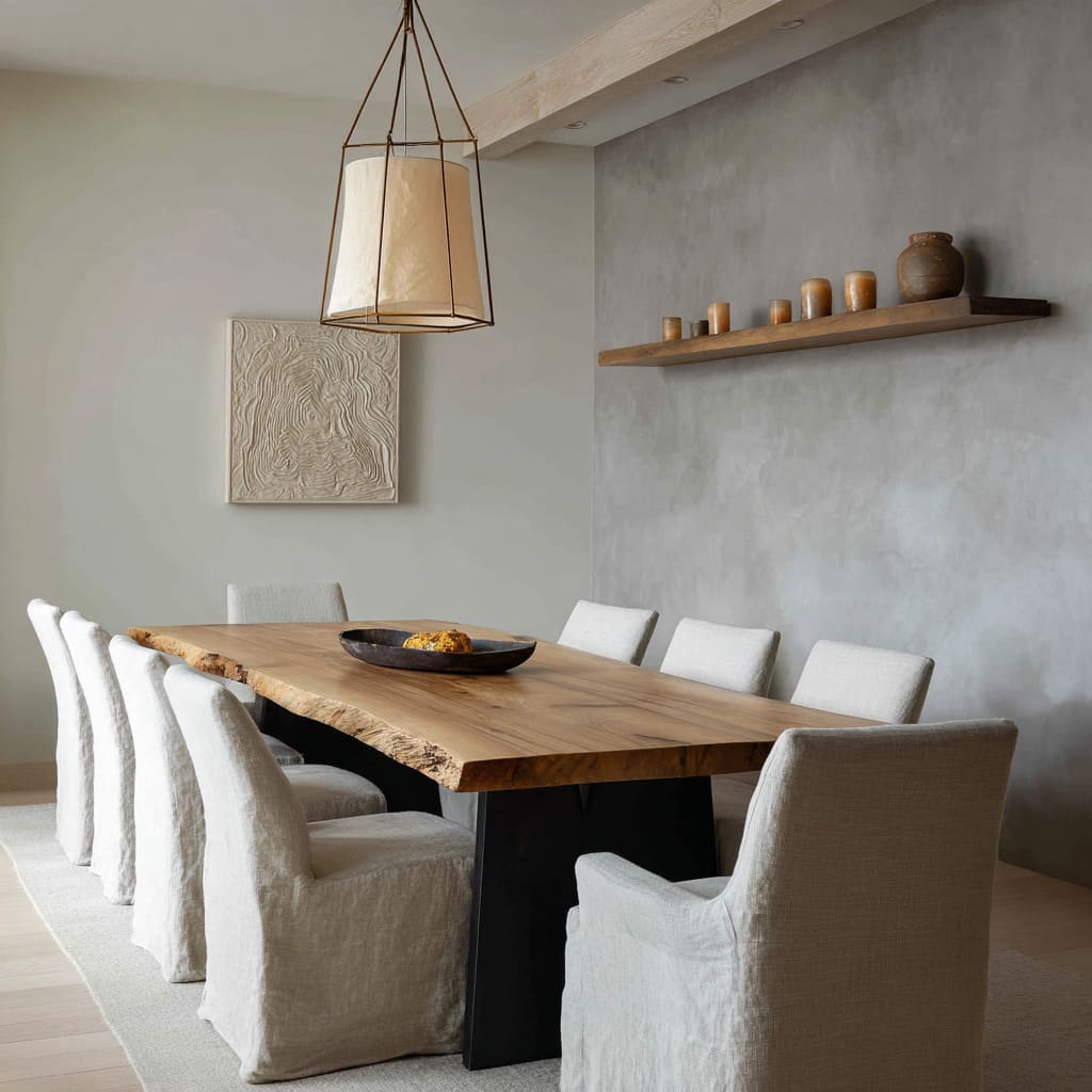 Pared en tadelakt gris pálido que ancla una mesa grande de madera. Pared en tadelakt gris pálido que ancla una mesa grande de madera.