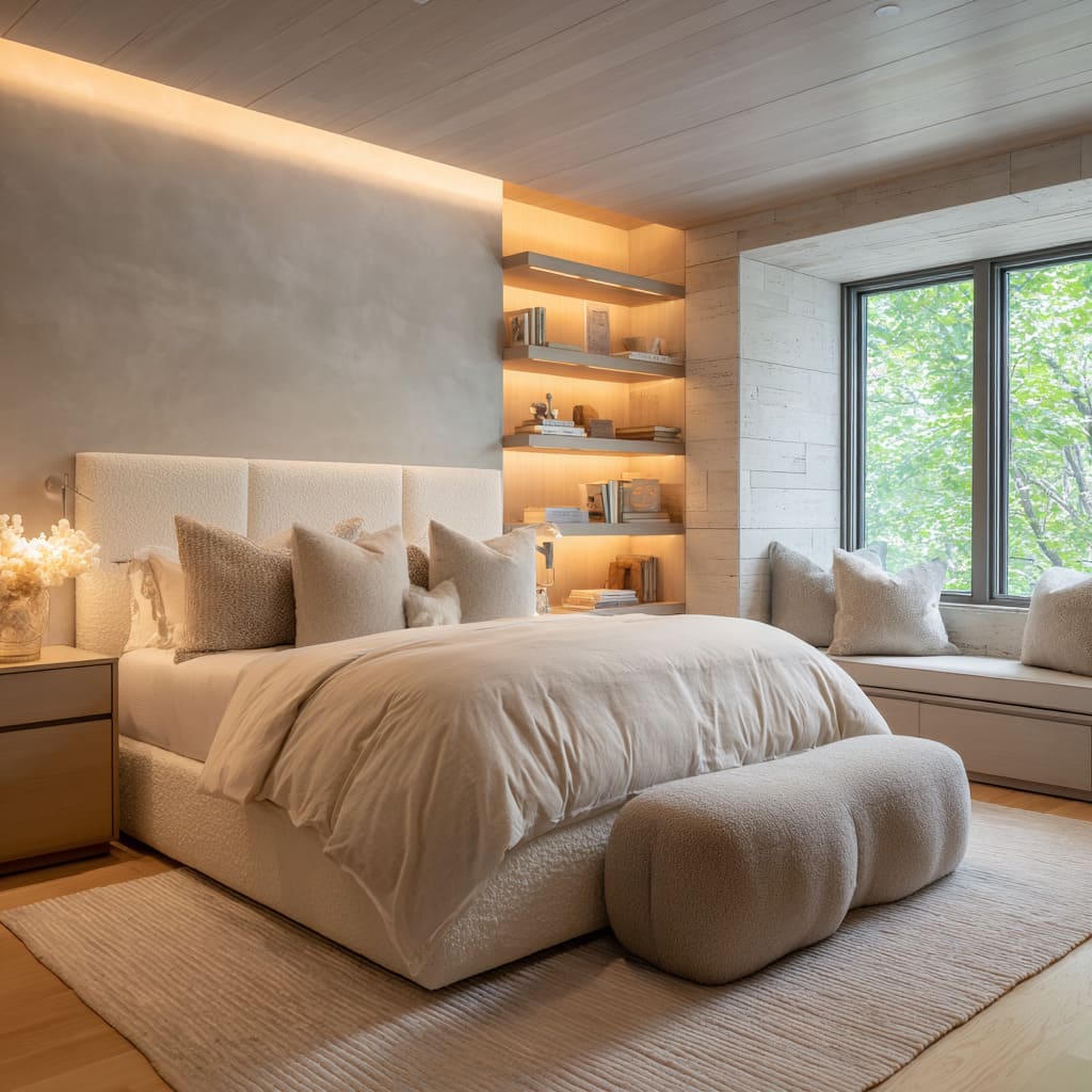 Pale wood ceiling plane with hidden edge lighting in a spa-like bedroom Pale wood ceiling plane with hidden edge lighting in a spa-like bedroom