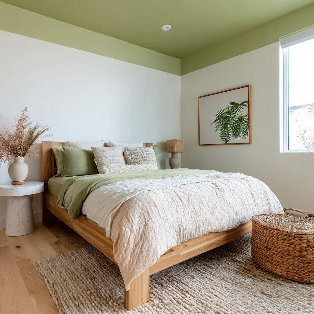 Pistachio green ceiling wrapped partially down the walls in a soft modern palette Pistachio green ceiling wrapped partially down the walls in a soft modern palette