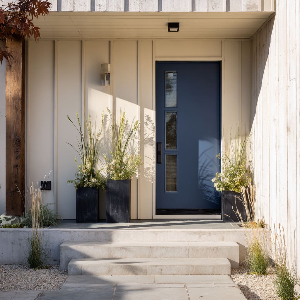 Rich Blue Door in Soft Beige Vertical Paneling with Shadowplay and Dried Grass Rich Blue Door in Soft Beige Vertical Paneling with Shadowplay and Dried Grass