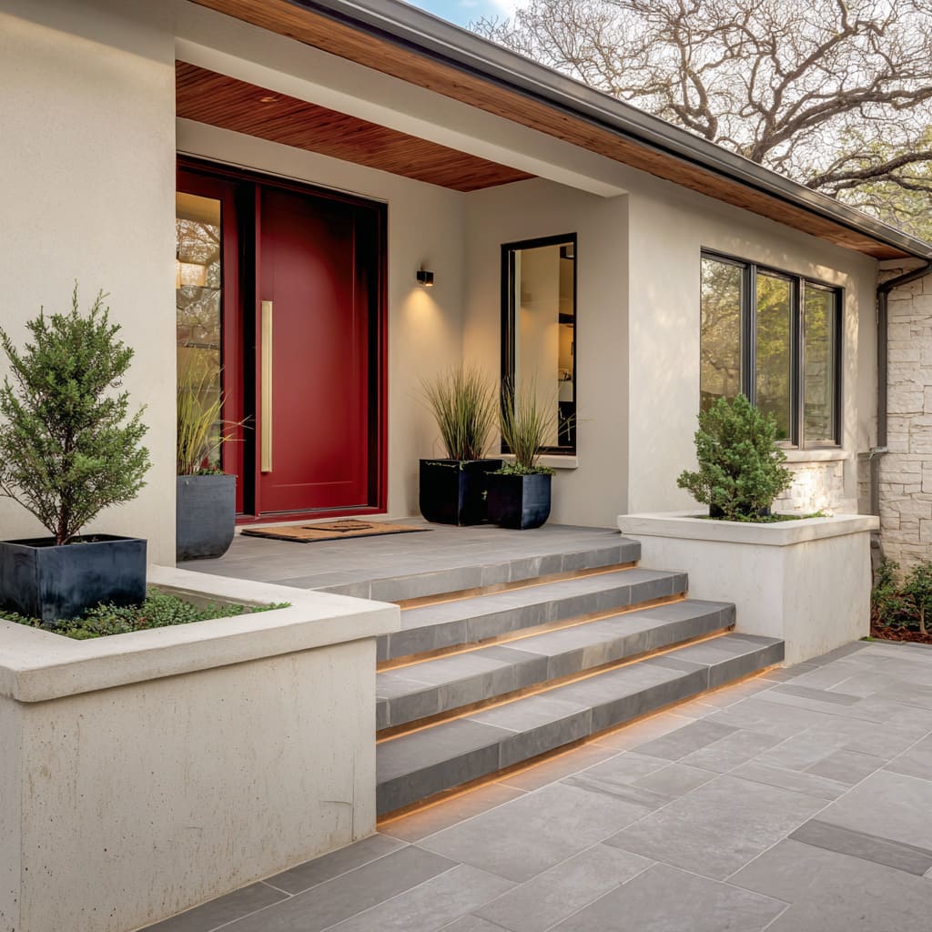 S wide-beige stucco home design features a bold front door in a rich red tone that leans toward a velvety cranberry, offering a luxurious S wide-beige stucco home design features a bold front door in a rich red tone that leans toward a velvety cranberry, offering a luxurious