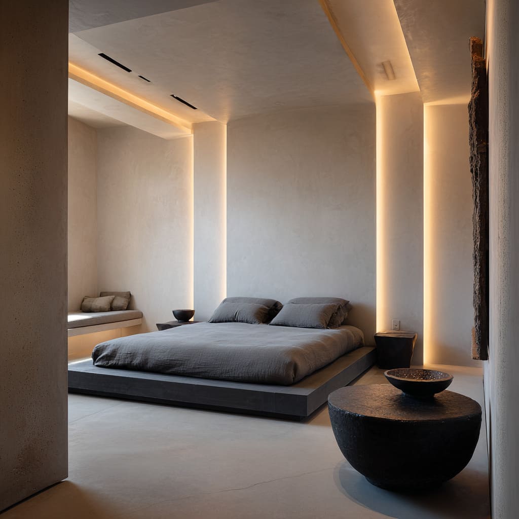 Sculpted ceiling with vertical lighting slots blending into curved plaster walls Sculpted ceiling with vertical lighting slots blending into curved plaster walls