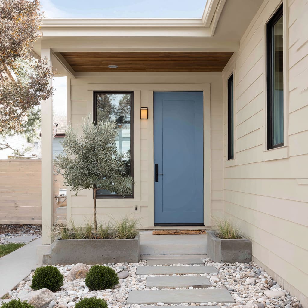 Simple Sky Blue Door with Pebbled Xeriscape Garden Simple Sky Blue Door with Pebbled Xeriscape Garden