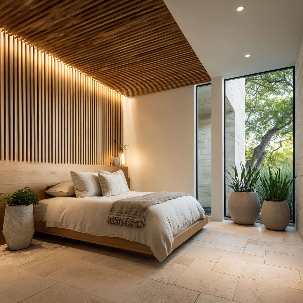 Slatted wood ceiling and wall panel with ambient glow above a light oak bed Slatted wood ceiling and wall panel with ambient glow above a light oak bed