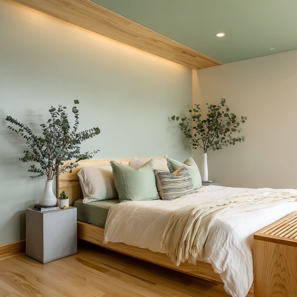 Soft green ceiling with suspended maple canopy and concealed lighting above pale wood bed Soft green ceiling with suspended maple canopy and concealed lighting above pale wood bed