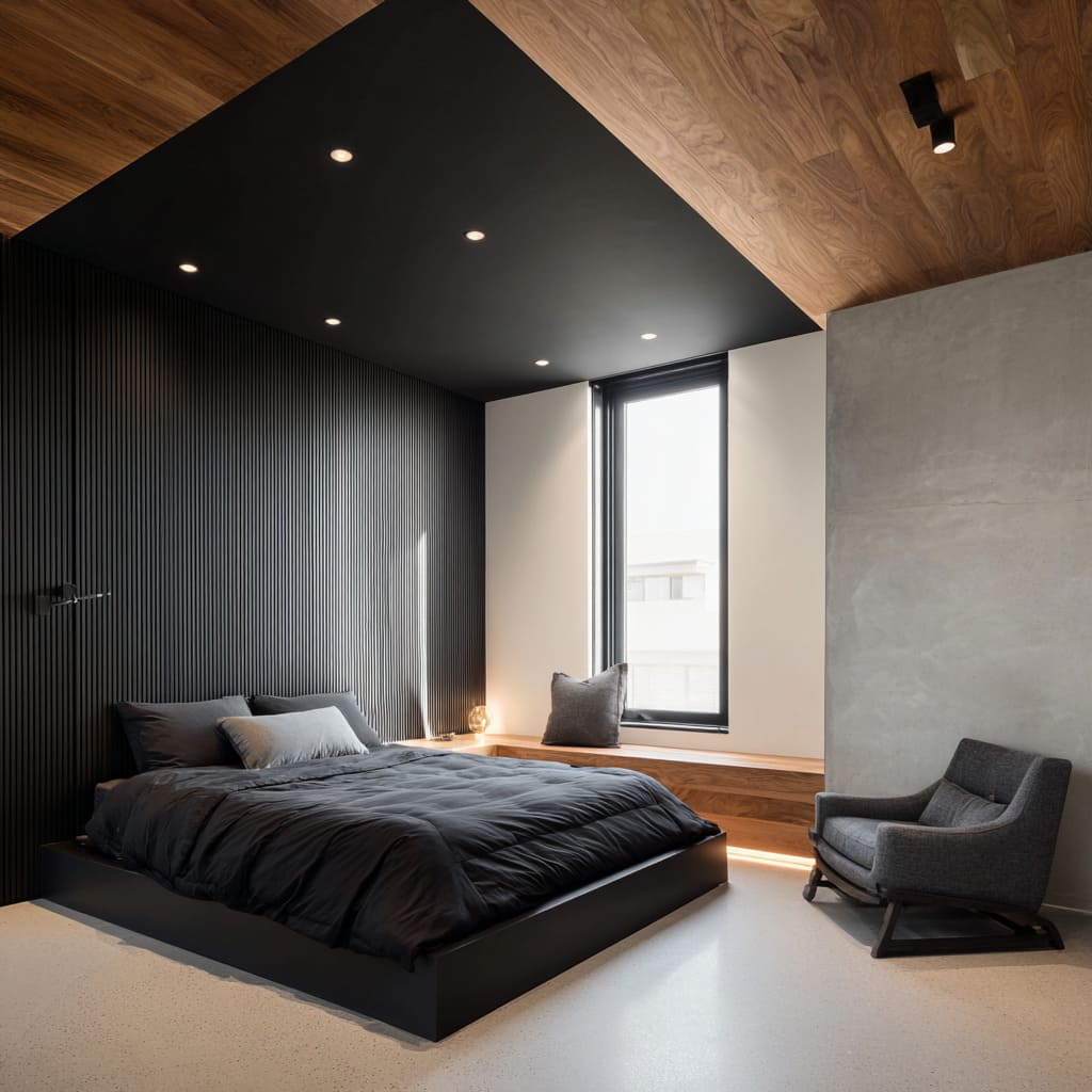 Split ceiling design with matte black drop framed in walnut wood grain Split ceiling design with matte black drop framed in walnut wood grain