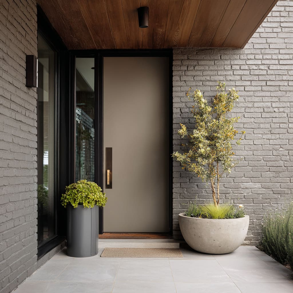Surrounded by dark painted brick and framed in black, the matte mushroom color gains more character from contrast
