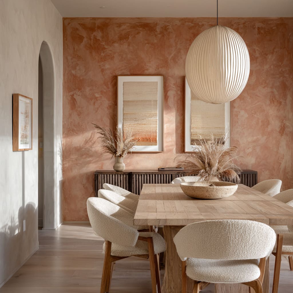 Pared de estuco veneciano en terracota con vetas detrás de neutros nórdicos. Pared de estuco veneciano en terracota con vetas detrás de neutros nórdicos.