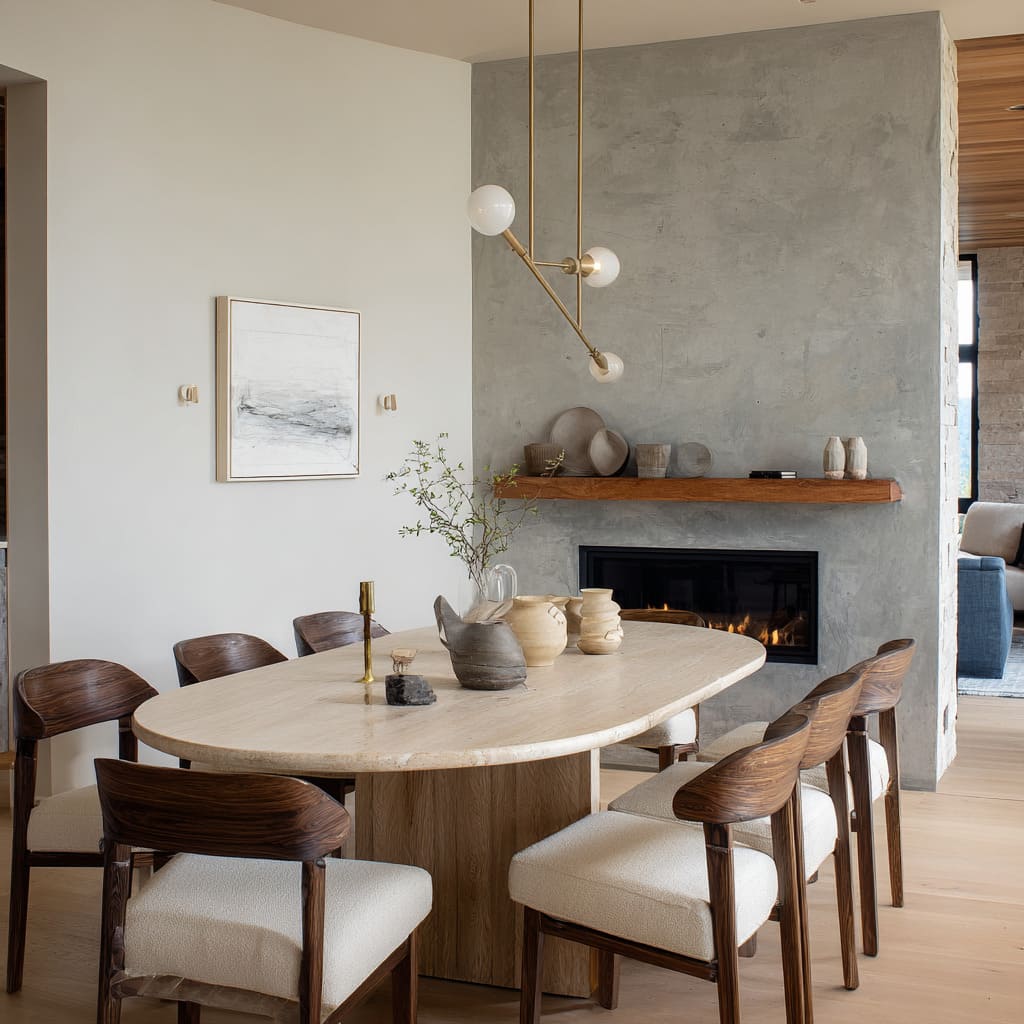 Muro de chimenea en gris cemento texturizado dentro de un comedor escultórico. Muro de chimenea en gris cemento texturizado dentro de un comedor escultórico.