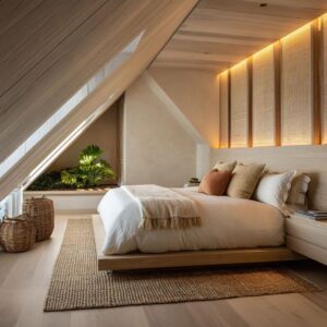 The Tactics Behind Striking Modern Attic Bedroom Designs: Shadow, Grain, and Silence