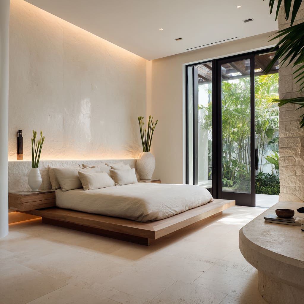 The bed's platform appears anchored yet subtly hovers, thanks to deep recessing of the base and continuous limestone flooring The bed's platform appears anchored yet subtly hovers, thanks to deep recessing of the base and continuous limestone flooring