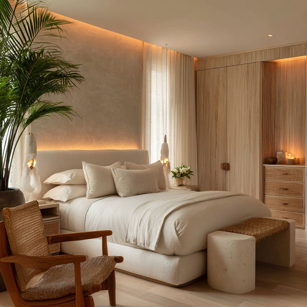 The curved upholstered bed frame sits like a soft sculpture on pale oak floors The curved upholstered bed frame sits like a soft sculpture on pale oak floors