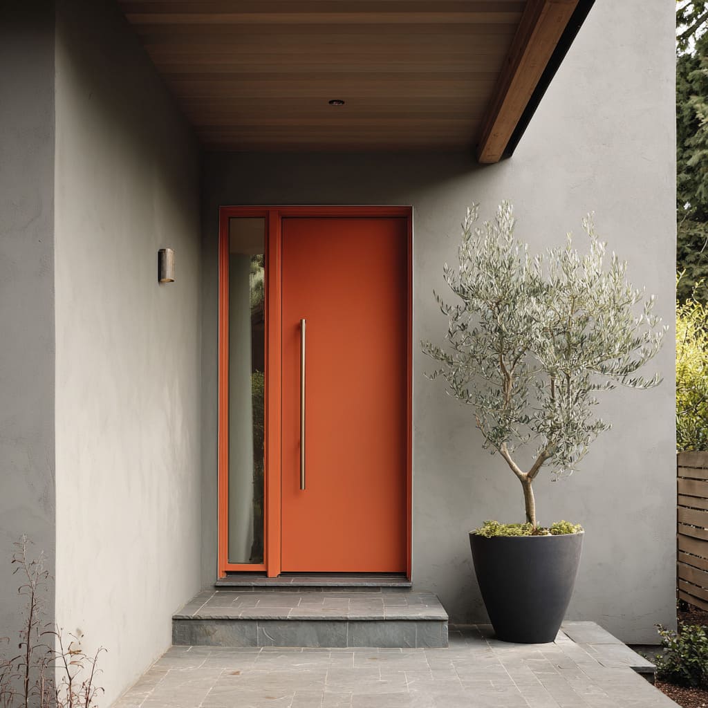 The entry design features a burnt orange door that immediately commands attention without shouting The entry design features a burnt orange door that immediately commands attention without shouting