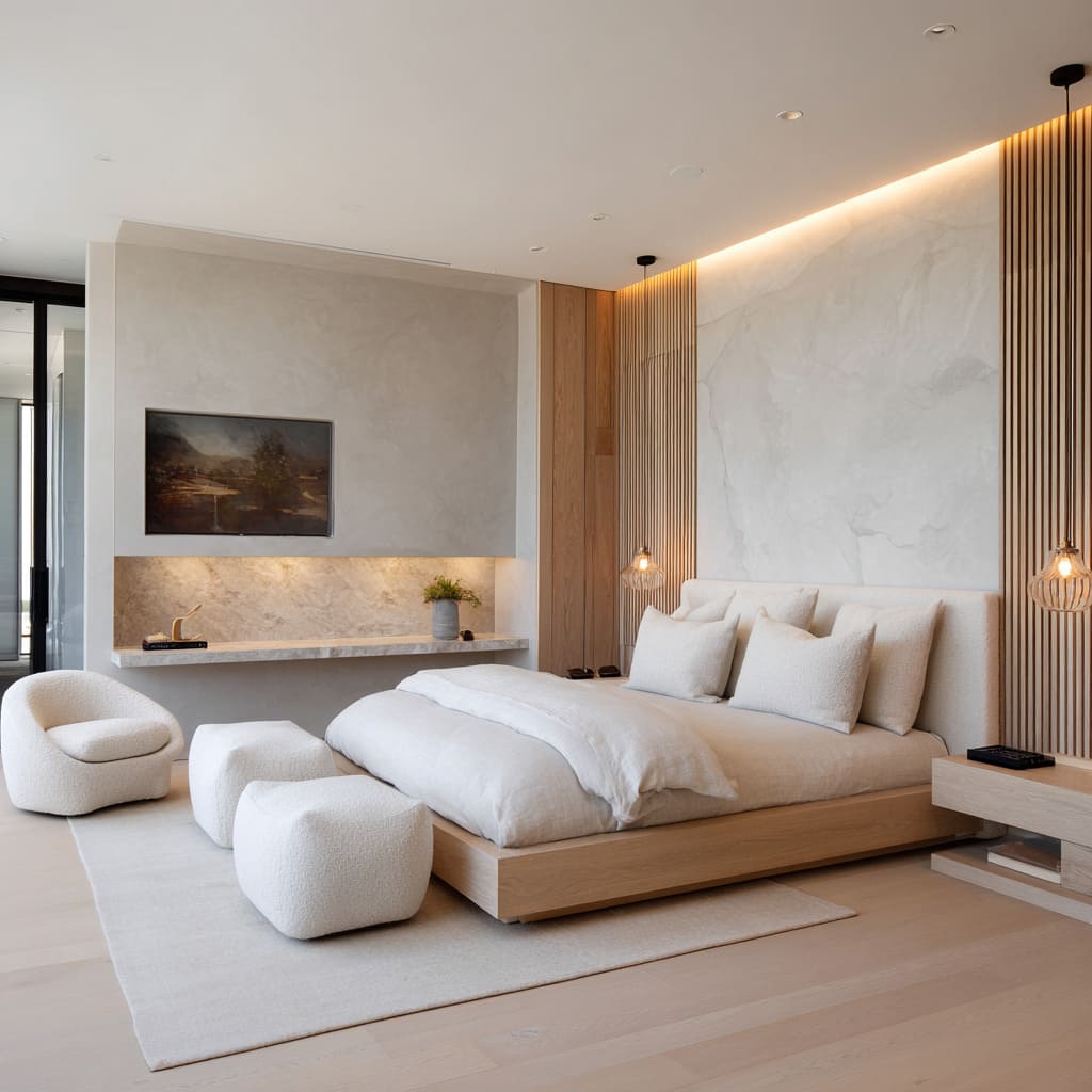 The fancy headboard, in a light textured weave, rises just above the pillows and is framed by warm cove light that brushes softly across The fancy headboard, in a light textured weave, rises just above the pillows and is framed by warm cove light that brushes softly across