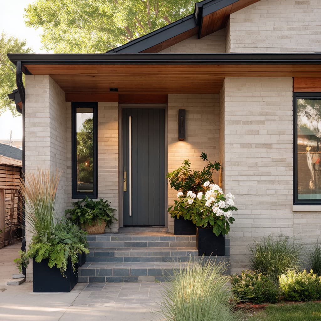 The front door is a vertical-panel design painted in deep graphite The front door is a vertical-panel design painted in deep graphite