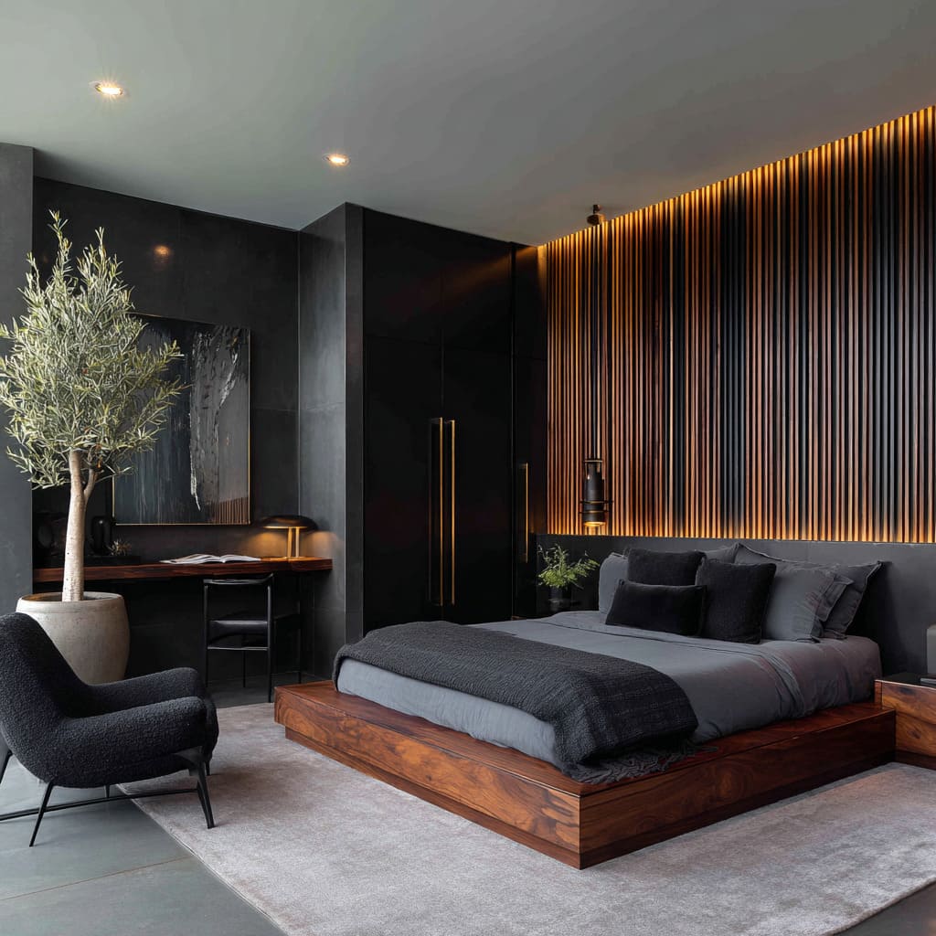 The graphite-paneled feature wall is interrupted by narrow wooden headboard slats in matte walnut finish The graphite-paneled feature wall is interrupted by narrow wooden headboard slats in matte walnut finish