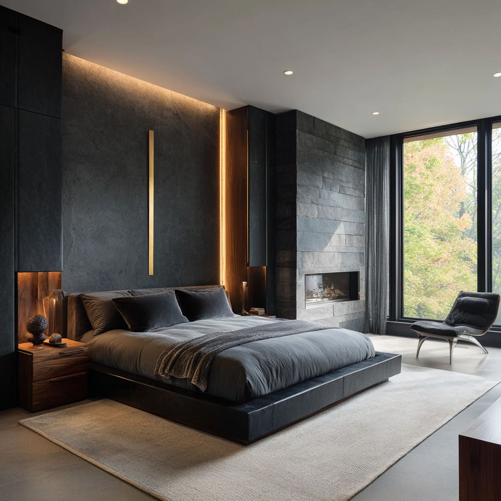 The gray rug grounds the dark walls bedroom design with subtle warmth and defines usable zones within the open layout The gray rug grounds the dark walls bedroom design with subtle warmth and defines usable zones within the open layout