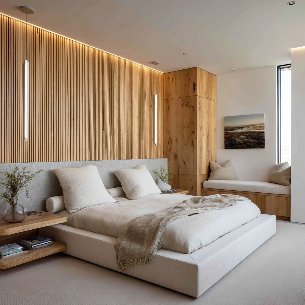 The headboard spans nearly the entire wall, made of a soft stone-gray fabric wrap with subtle vertical seams The headboard spans nearly the entire wall, made of a soft stone-gray fabric wrap with subtle vertical seams