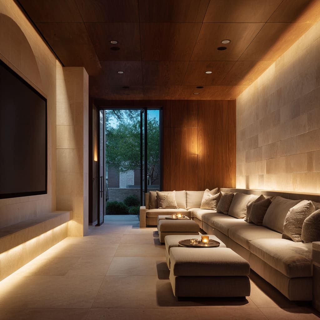 The home theater design blends sharp architectural lines with a tranquil material composition The home theater design blends sharp architectural lines with a tranquil material composition