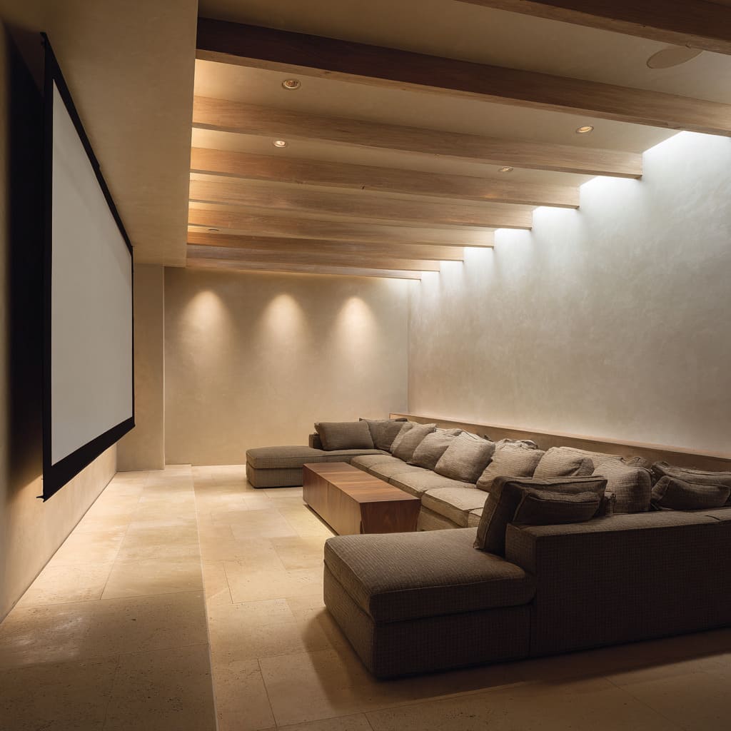 The large L-shaped sectional is upholstered in a textured brownish taupe and is tightly packed with back pillows The large L-shaped sectional is upholstered in a textured brownish taupe and is tightly packed with back pillows