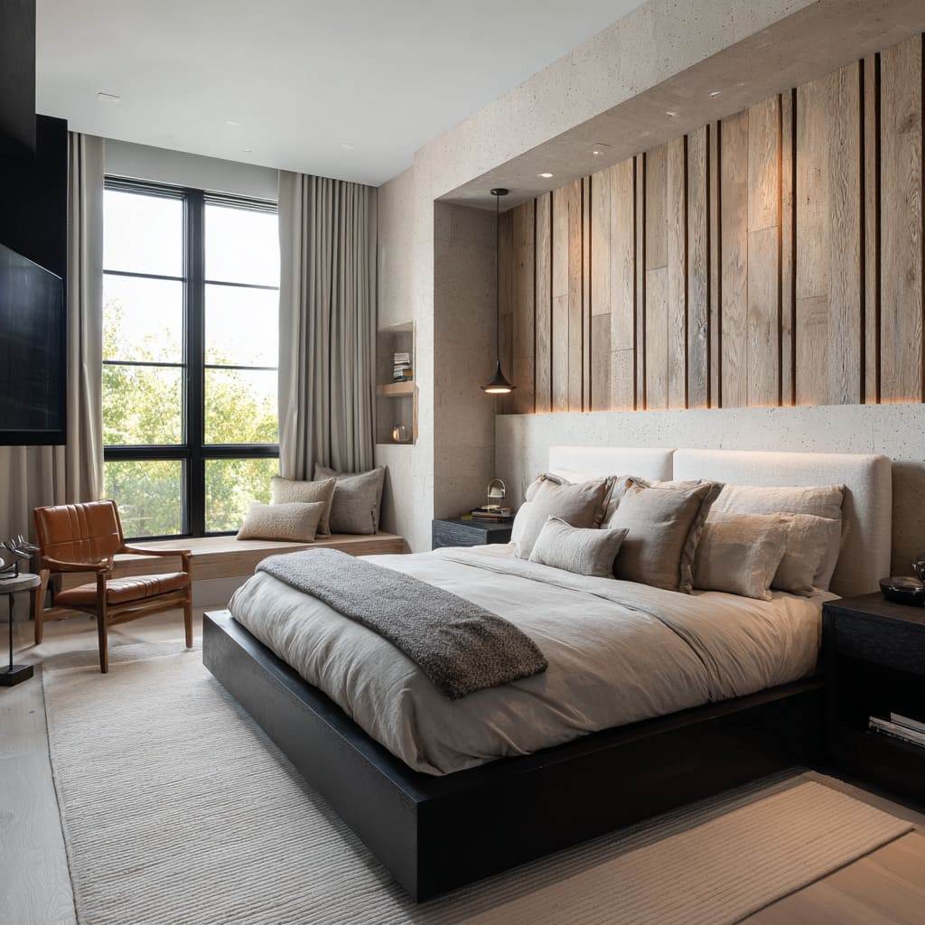 The large bed is nestled into a limestone-look frame, with the headboard wall using uneven vertical oak planks with raw, open grains and widths The large bed is nestled into a limestone-look frame, with the headboard wall using uneven vertical oak planks with raw, open grains and widths