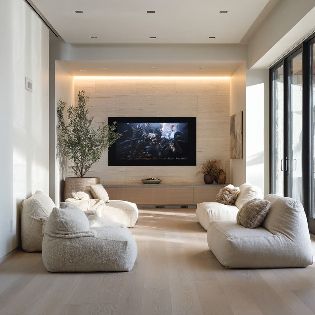 The most striking feature is the use of pouf-like floor seats, deep, cushioned, and wrapped in cozy textured fabric The most striking feature is the use of pouf-like floor seats, deep, cushioned, and wrapped in cozy textured fabric