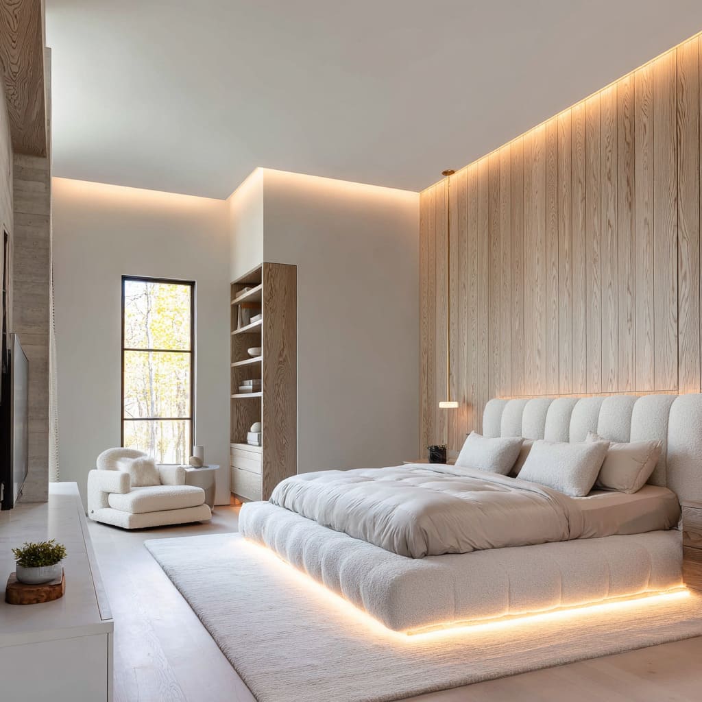 The padded bed base, in snowy boucle, is outlined by LED lighting tucked beneath its edge and the slate feature wall behind The padded bed base, in snowy boucle, is outlined by LED lighting tucked beneath its edge and the slate feature wall behind