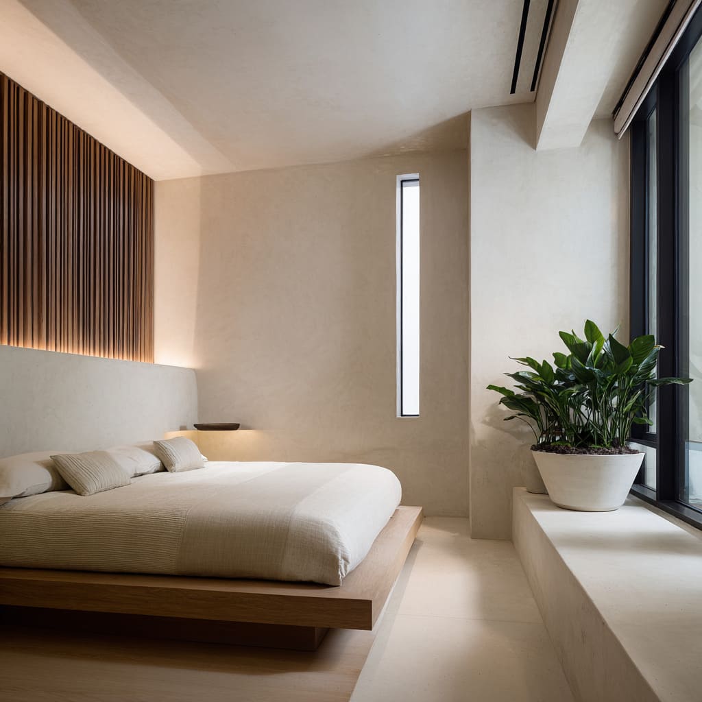 The platform bed nearly merges with the floor through color continuity, and its frame is unusually low The platform bed nearly merges with the floor through color continuity, and its frame is unusually low