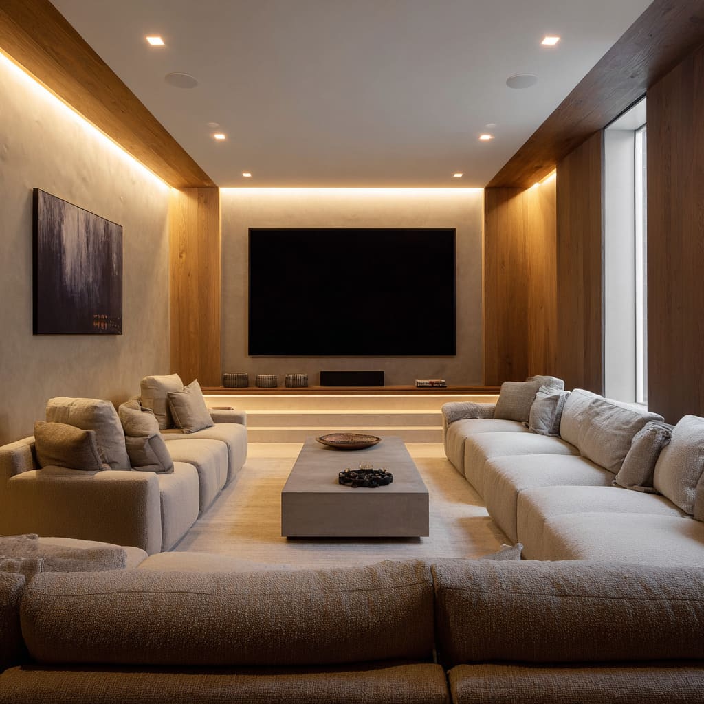 The recessed LED cove lighting above the screen wall and ceiling perimeter does more than illuminate The recessed LED cove lighting above the screen wall and ceiling perimeter does more than illuminate