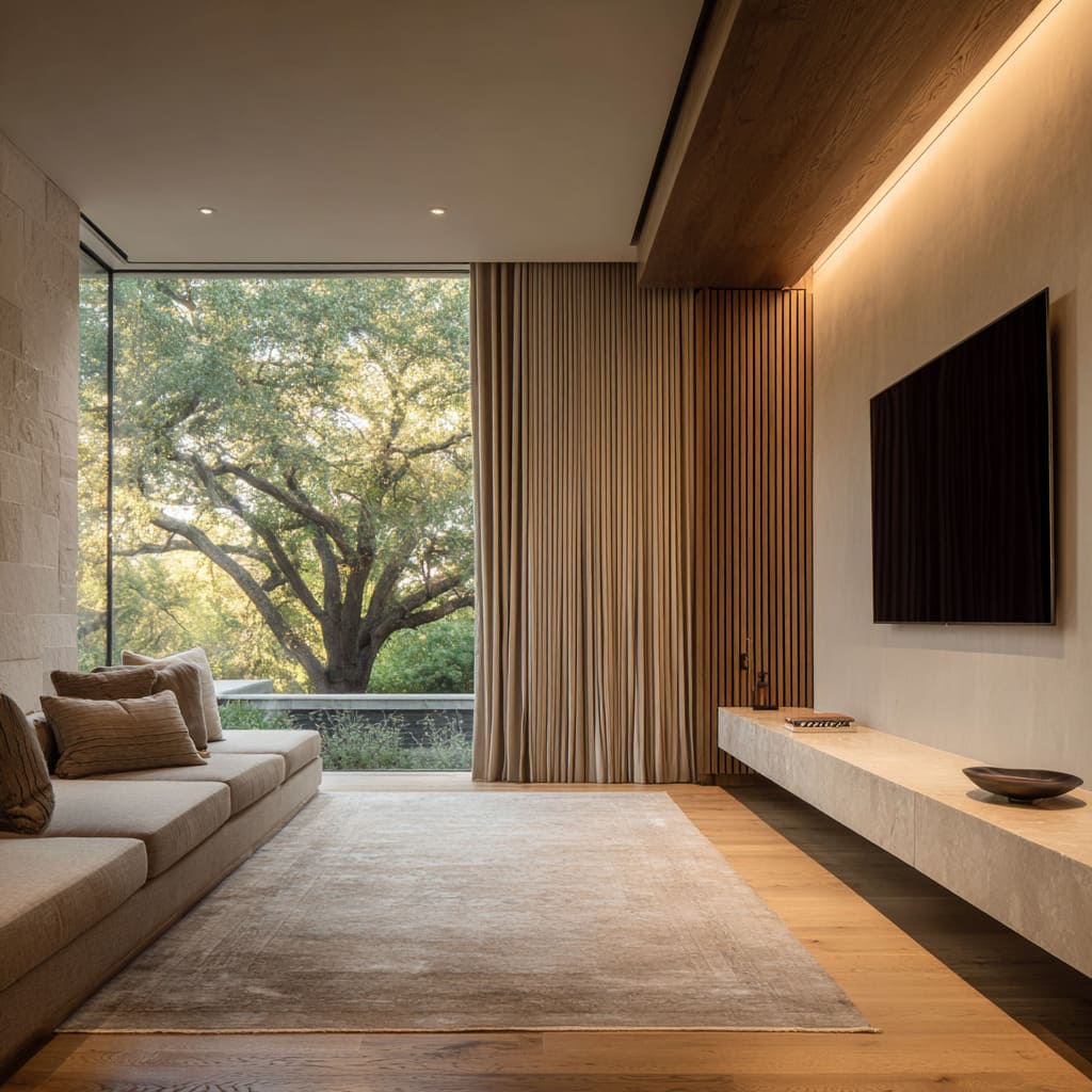 The seating area hugs the opposite wall with low-profile modular sofas upholstered in a tight taupe weave The seating area hugs the opposite wall with low-profile modular sofas upholstered in a tight taupe weave