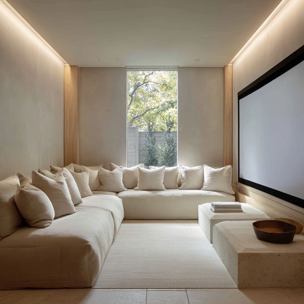 The standout feature is the generous use of curved-edge seating, pillowy and broad, filling the space wall to wall without visible frames or legs The standout feature is the generous use of curved-edge seating, pillowy and broad, filling the space wall to wall without visible frames or legs