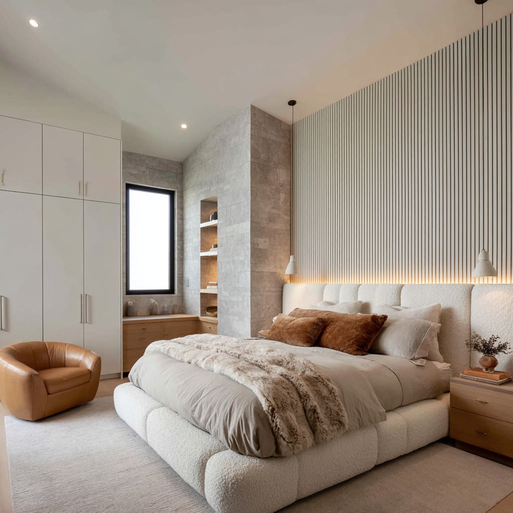 The standout piece is the rounded, heavily padded bed base upholstered in creamy boucle, composed of large pillowed units joined seamlessly The standout piece is the rounded, heavily padded bed base upholstered in creamy boucle, composed of large pillowed units joined seamlessly