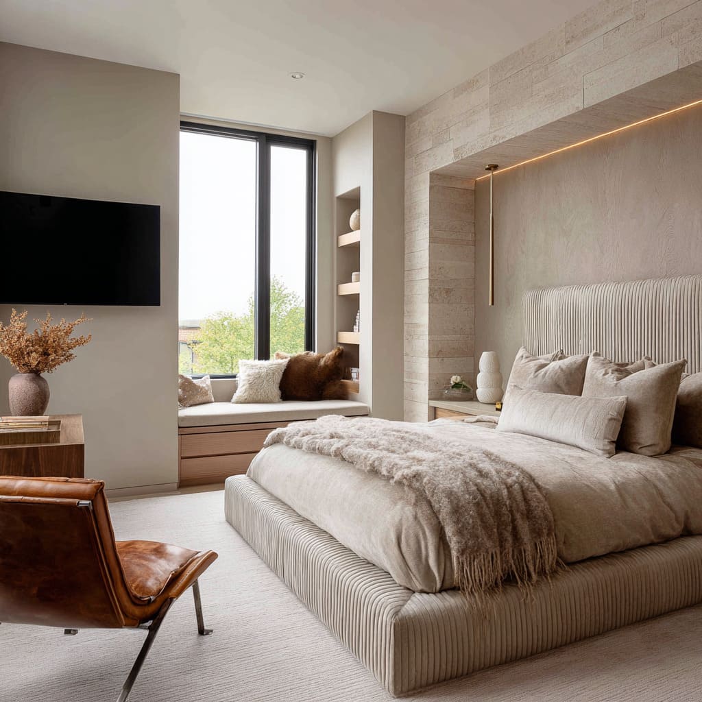 The upholstered bed base and headboard are wrapped in ribbed fabric, with each rib line catching shadow and mimicking the stacked-cut stone wall a The upholstered bed base and headboard are wrapped in ribbed fabric, with each rib line catching shadow and mimicking the stacked-cut stone wall a