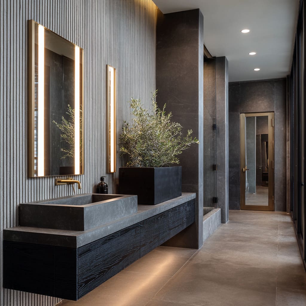 This bathroom design explores minimalist geometry but offsets its starkness through texture, shadow, and proportion