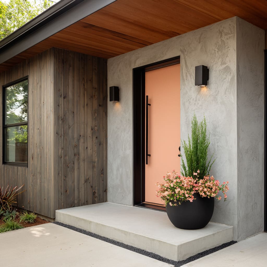 This door lands somewhere between light terracotta and pale coral, offering a chalky peach hue that creates a moment of warmth against the soft grey This door lands somewhere between light terracotta and pale coral, offering a chalky peach hue that creates a moment of warmth against the soft grey