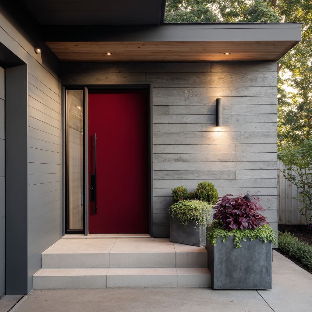 This entry design uses a dark crimson red door that leans into dramatic saturation while remaining matte and still This entry design uses a dark crimson red door that leans into dramatic saturation while remaining matte and still