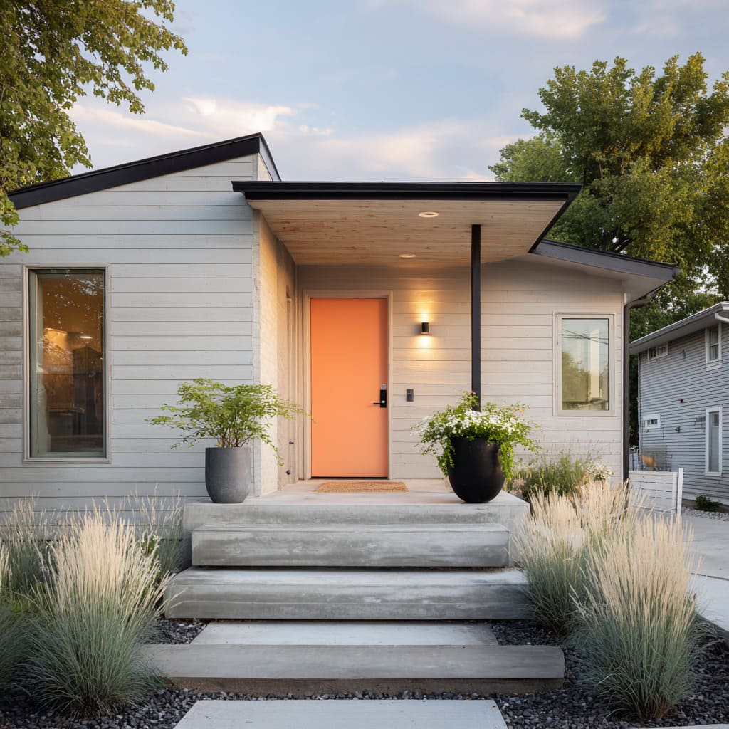 This pale coral-toned door brings a mellow warmth to an otherwise crisp, clean-lined light grey house This pale coral-toned door brings a mellow warmth to an otherwise crisp, clean-lined light grey house