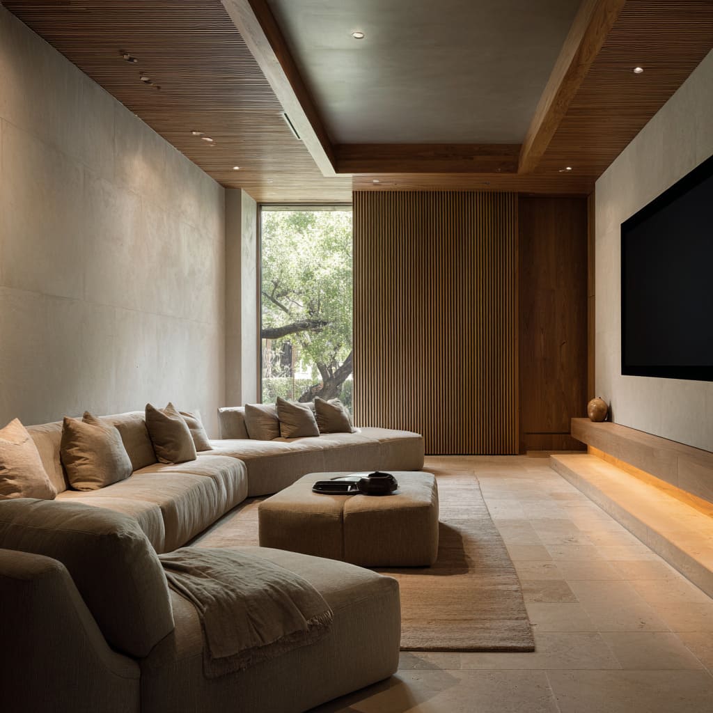 This theater look presents a calm, enveloped space where layered tones and materials shape a subtle visual rhythm This theater look presents a calm, enveloped space where layered tones and materials shape a subtle visual rhythm