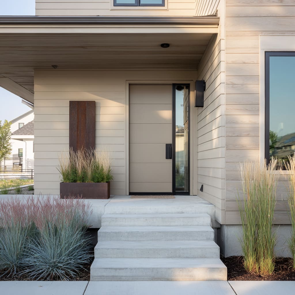 Ultra-Matte Sandstone Door Framed in Cool Wood Tones Ultra-Matte Sandstone Door Framed in Cool Wood Tones