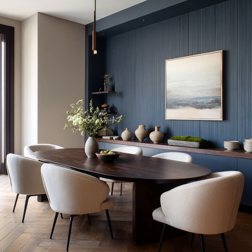 Superficie acanalada vertical en azul marino que complementa tonos oscuros de madera. Superficie acanalada vertical en azul marino que complementa tonos oscuros de madera.