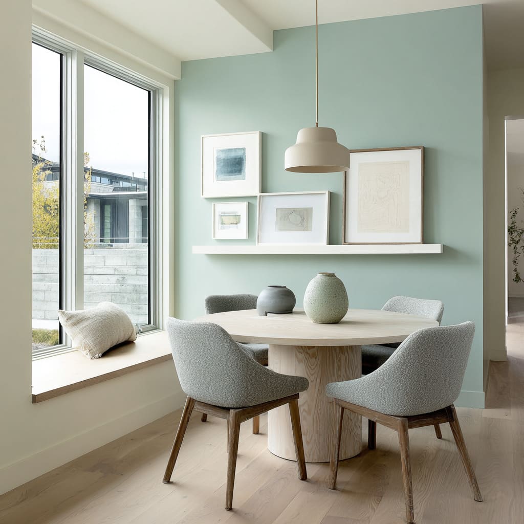 Tono salvia muy pálido que crea un ambiente de comedor con bajo contraste. Tono salvia muy pálido que crea un ambiente de comedor con bajo contraste.