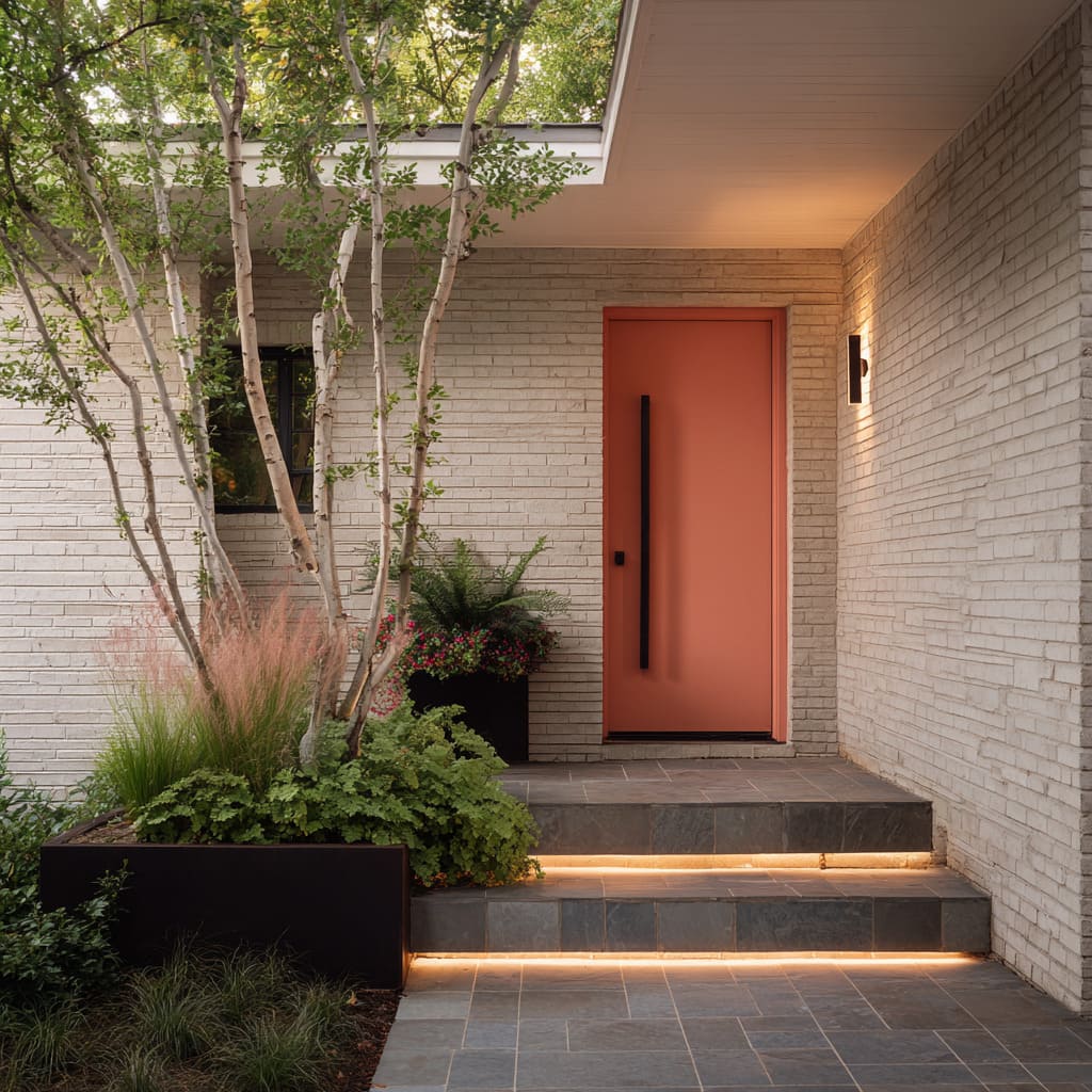 Warm Clay Rose Door Framed by Birch and Pink Grasses Warm Clay Rose Door Framed by Birch and Pink Grasses