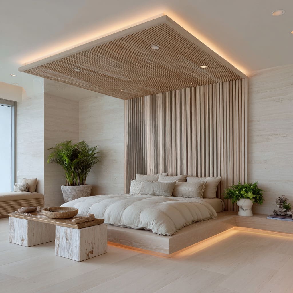 Warm ochre slatted wood ceiling panel bordered with soft uplighting Warm ochre slatted wood ceiling panel bordered with soft uplighting