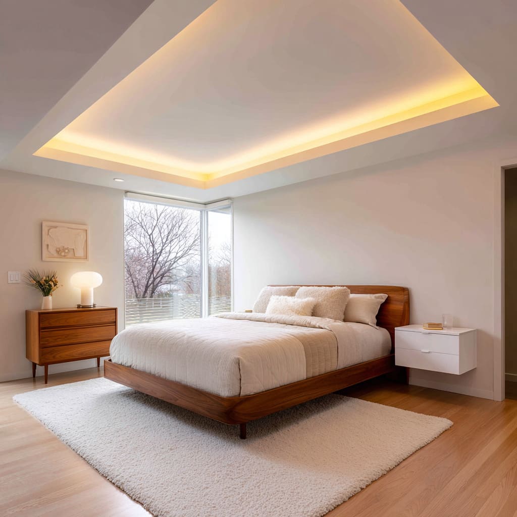 Warm white tray ceiling with cove lighting in a mid-century modern bedroom design Warm white tray ceiling with cove lighting in a mid-century modern bedroom design