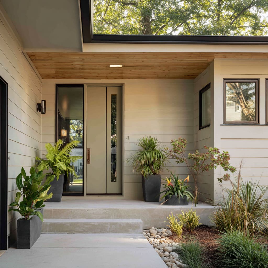 Whispered Taupe-Green Door on Minimal Beige Lap Siding Whispered Taupe-Green Door on Minimal Beige Lap Siding