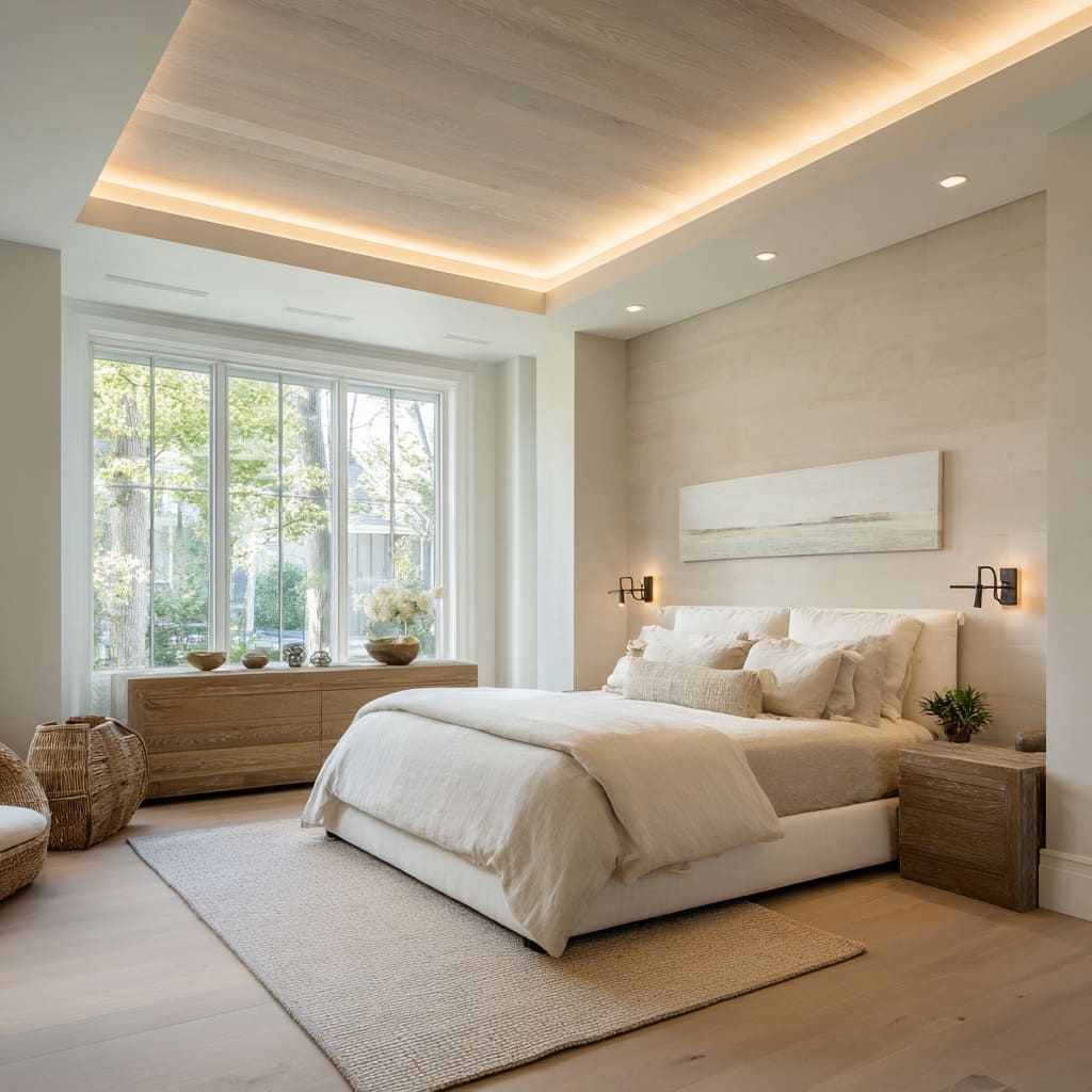 Whitewashed wood ceiling in recessed tray framed by soft indirect lighting Whitewashed wood ceiling in recessed tray framed by soft indirect lighting