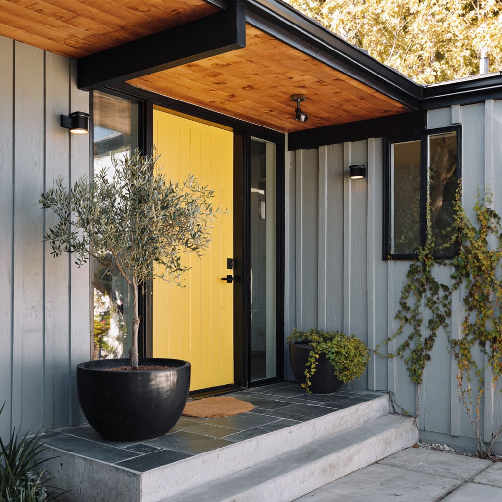 a bright matte yellow door is set into a deep grey vertical panel facade a bright matte yellow door is set into a deep grey vertical panel facade